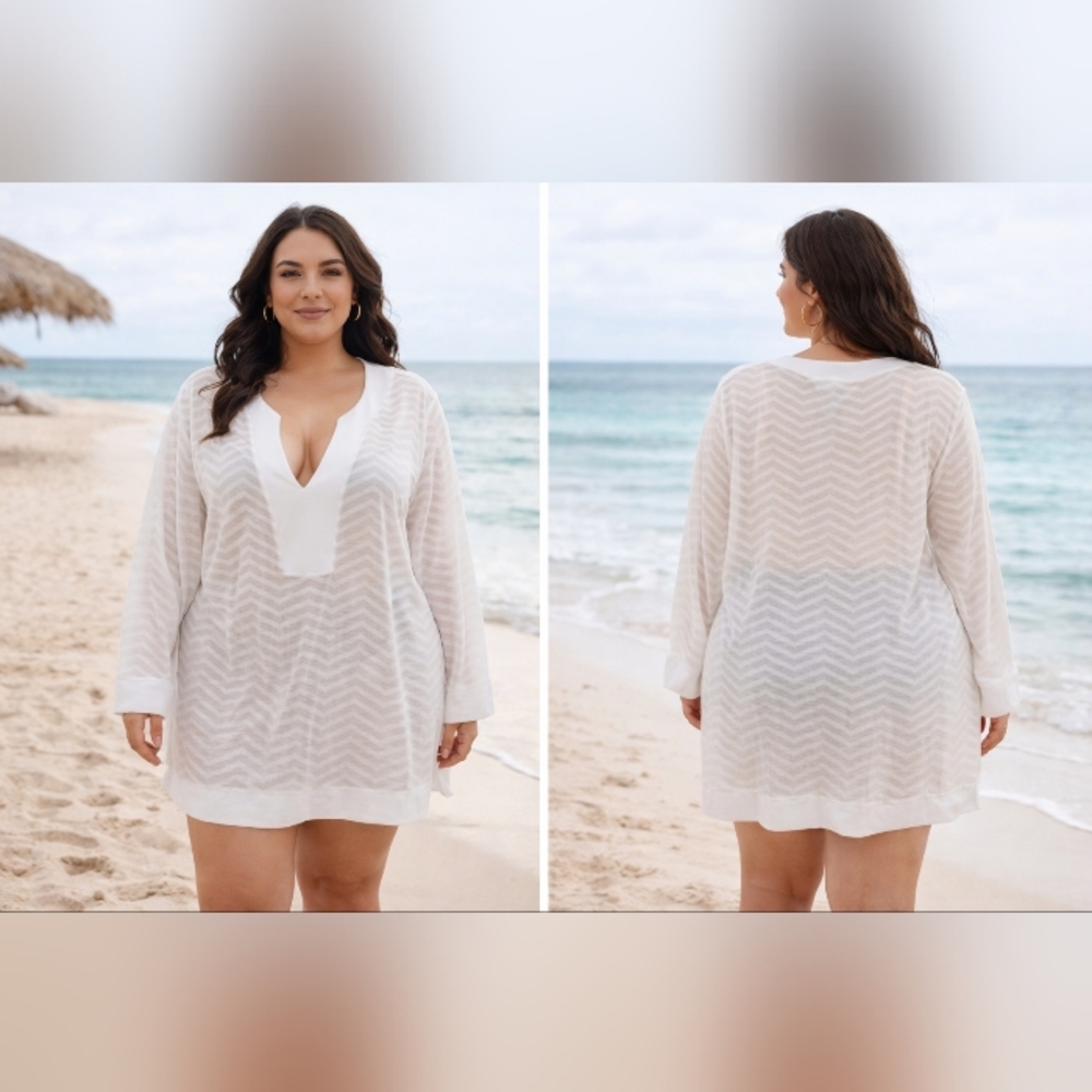 catalina white sheer swim cover up 2x chevron beach tunic long sleeve pool